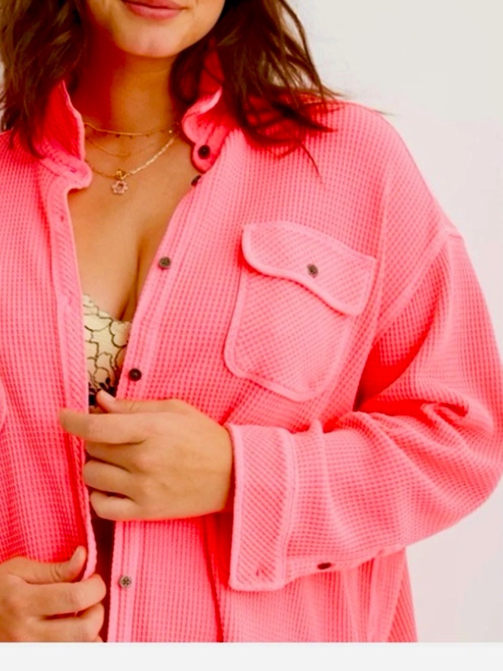 Aerie Lumberjane Waffle Shirt Shacket Coral Sun Neon Pink Oversized Small